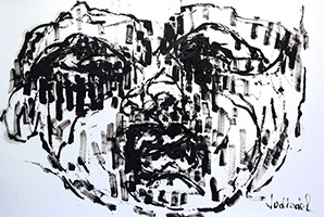 <p>Des marques se dispersent et ponctuent le masque. La bouche vocifère un chant plaintif.</p>Huile sur papier, 105 x 75 cm, 2011