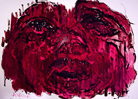 <p>Le visage se dilate, s'étend et décline des rouges pour mieux exister, trop de parade, se concentrer.</p>Huile sur papier, 105 x 75 cm, 2011